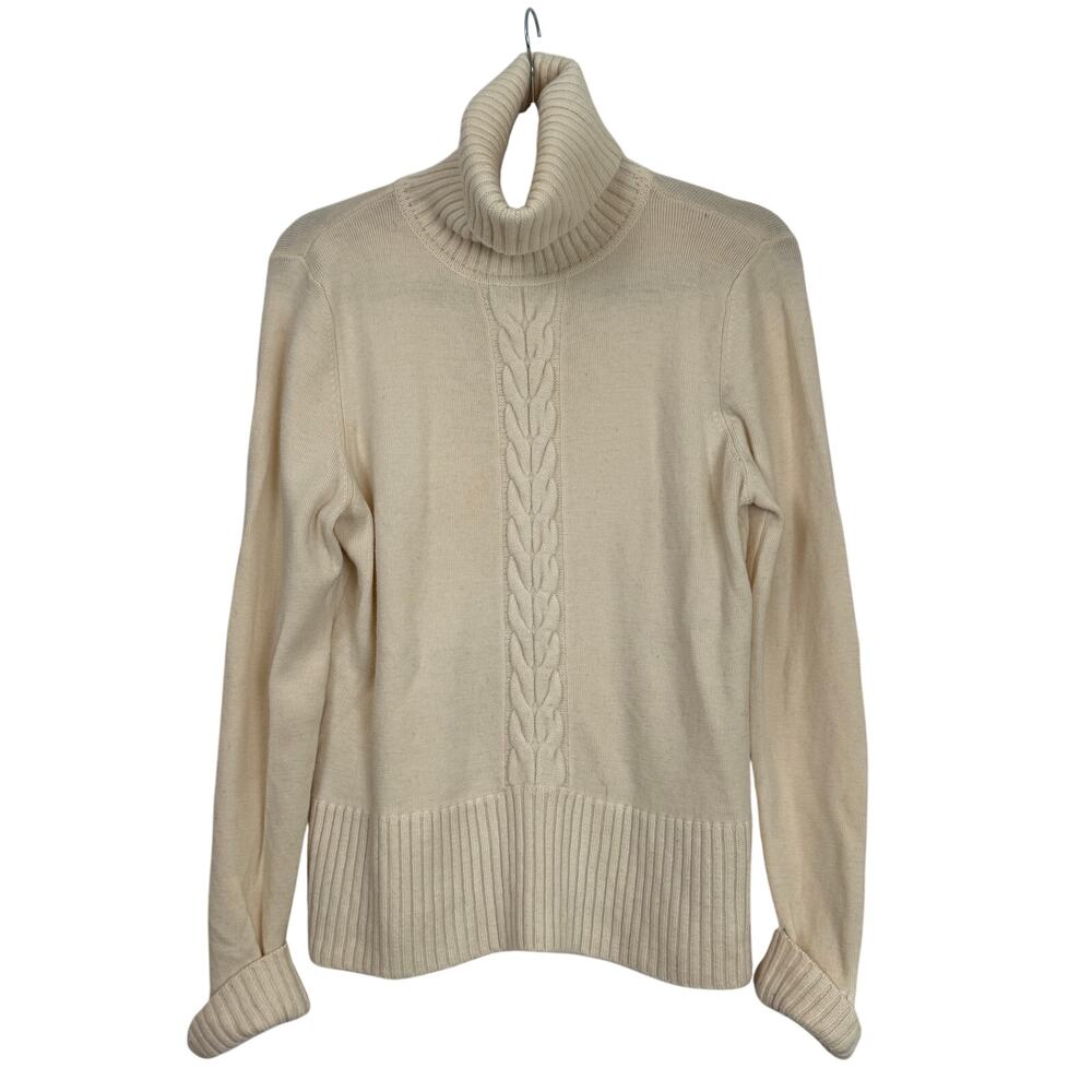 Sarah Spencer 100% Merino Wool Cable Knit Turtleneck Sweater Size L Ivory